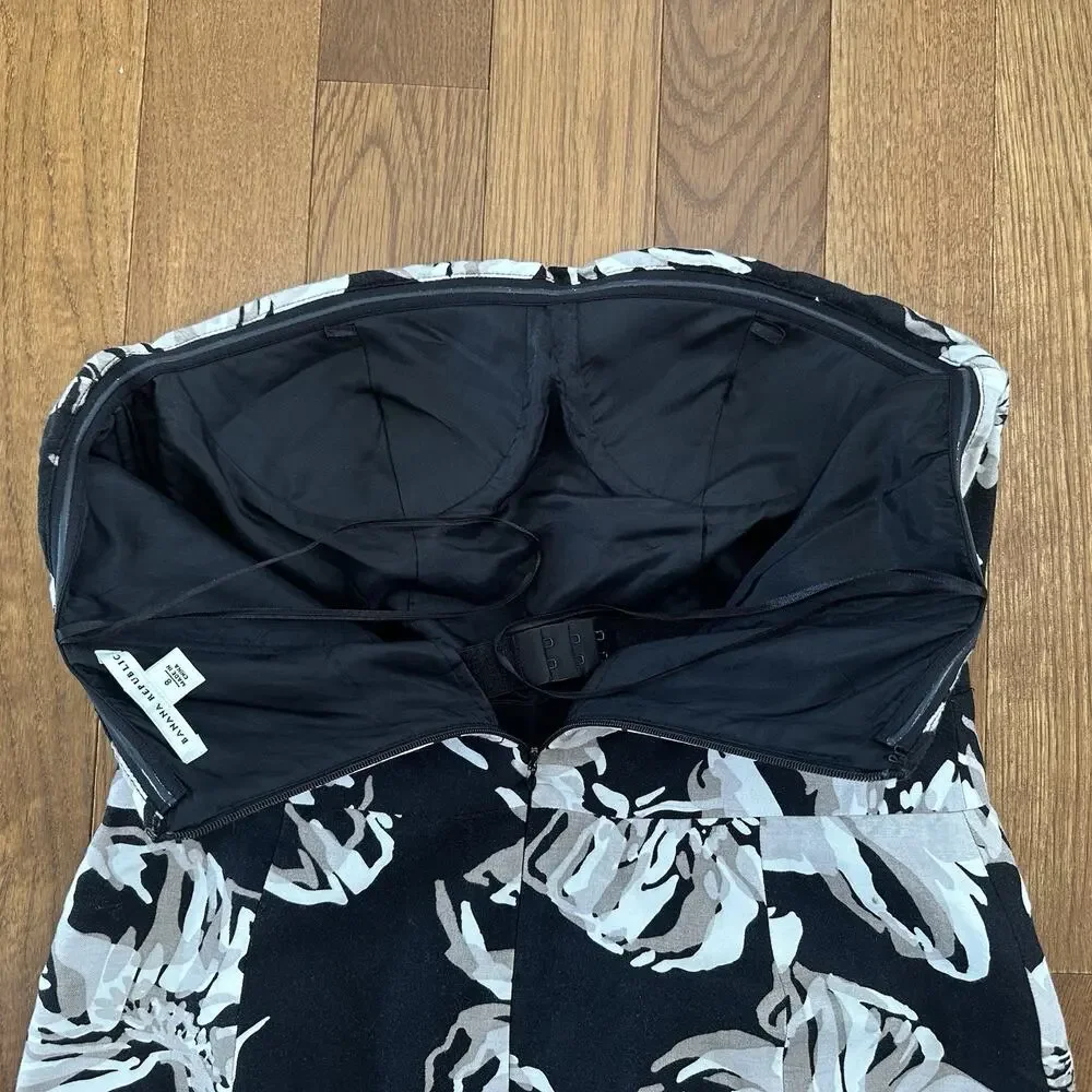 Banana Republic Dress Womens Sz 8 Black Beige Floral‎ Linen Sheath Strapless